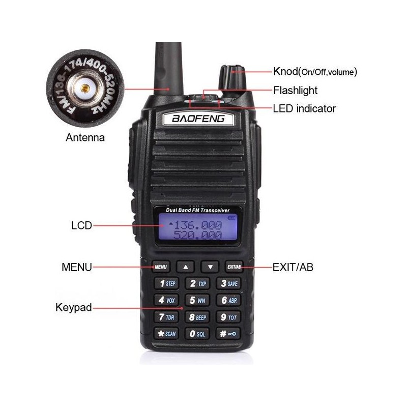 Radio VHF/UHF, 5w, LCD, 128 canales, Audífono, Cargador, 136-174/400-520MHz, 5-10kmt, LED, batería 2800mAh.