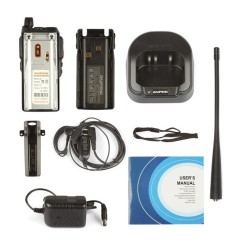 Radio VHF/UHF, 5w, LCD, 128 canales, Audífono, Cargador, 136-174/400-520MHz, 5-10kmt, LED, batería 2800mAh.