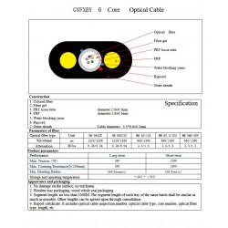 Fibra Optica Drop 6 h plana SM, 2 Kmts, Exterior, 2 waterblock yarn, 9/125u, G.652D ripcord, hdpe, negro, Frp 1.6, Diam 3.3x6mm