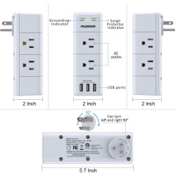 Regleta Electrica 6 Tomas 15A 120 AC, 3 Puertos USB 3A, Toma AC Giratoria. LEDs Gnd.