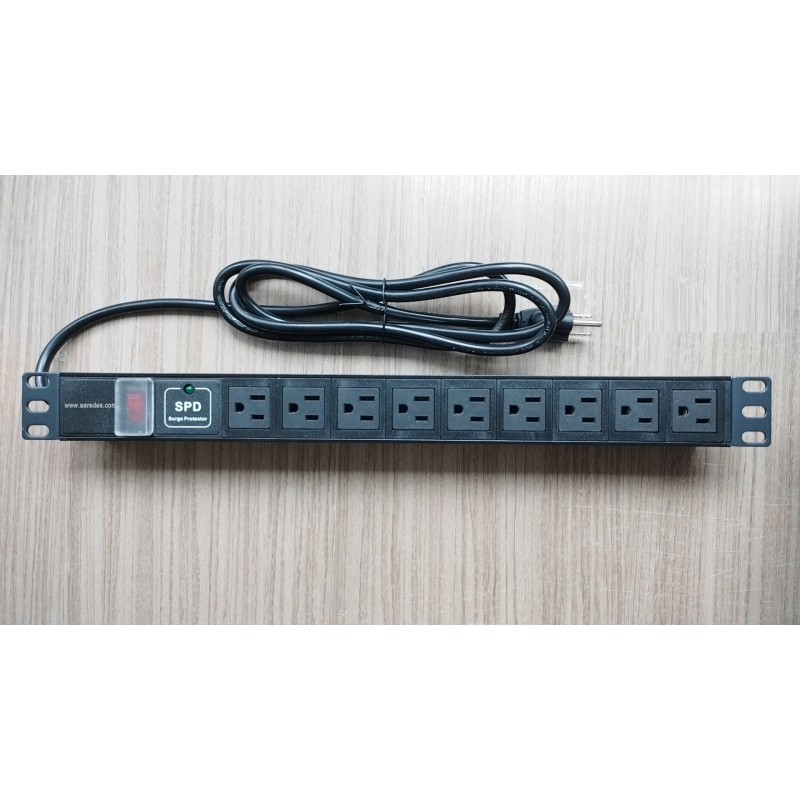 Regleta Elect, 9 AC, 117v 15 Amp, p/Rack switch, fuse, tomas VERT, Alu. Gtia: 30d