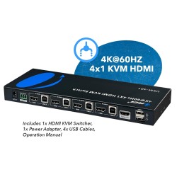 Kvm, 4 Ptos Hdmi 4K, 6 puertos Usb 2.0 4K-60hz, Control Rem, 4 cables Usb A-B EDID, HDCP 2.2, conex RS-232. Grtia: 10d