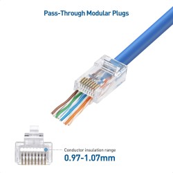 Conector RJ-45 Passthroug awg23 Cat6 100 cat 5e, alineado recto, Botella 0.97-107