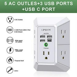 Toma Electrica Superf 120Ac 15A, 4x Usb 1680 Joules, 3x USB-A, 1x USB-C 4.8Amp