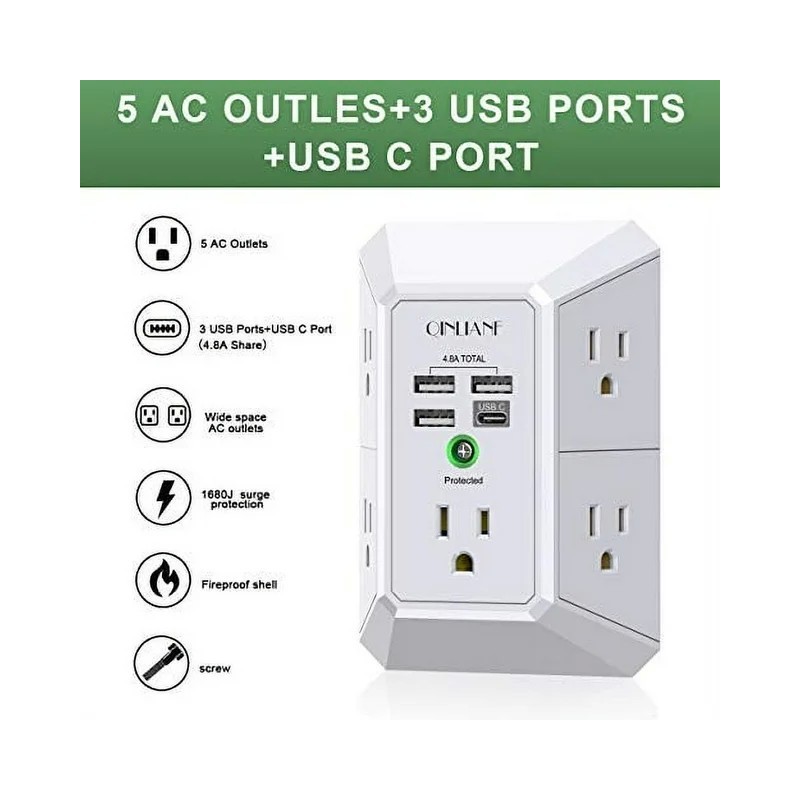 Toma Electrica Superf 120Ac 15A, 4x Usb 1680 Joules, 3x USB-A, 1x USB-C 4.8Amp