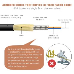 Fibra Optica SM Duplex armada hdpe, 100m 9/125 tight buffer 900um, 1310-1550nm Mono G.652D, patch cord puntas Lc Lc