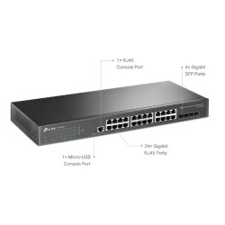 Switch Tp-Link 24 Puertos Administrable Gigabit, L2 (4) SFP, Omada APP, QoS VLAN, Fanless, Gtia: 30 dias