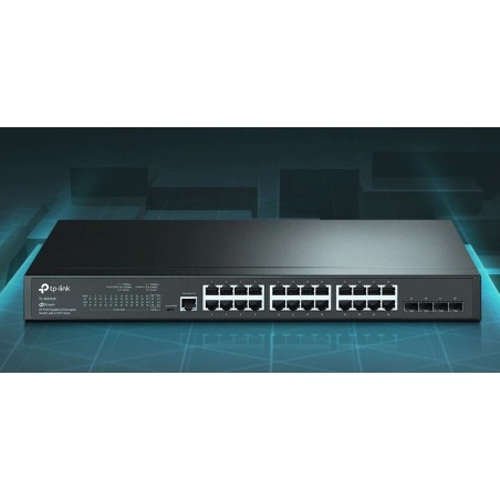 Switch Tp-Link 24 Puertos Administrable Gigabit, L2 (4) SFP, Omada APP, QoS VLAN, Fanless, Gtia: 30 dias