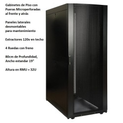 Gabinete piso 32rmu, Prf 80cm, 1.60m, 4 Ptas Fte Micro Perfora, Extrac, Ruedas desarmado. Negro. Gtia: Nuevos