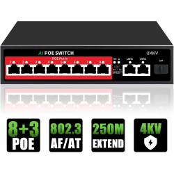 Switch 11 Ptos 8x POE 120w, 2Gb Up, 1SFP Vacio Opc SM/MM, AI Red Monit/Optimiz, 802.3af/at, Lan Ext 250Mt Max, Gtia:10d